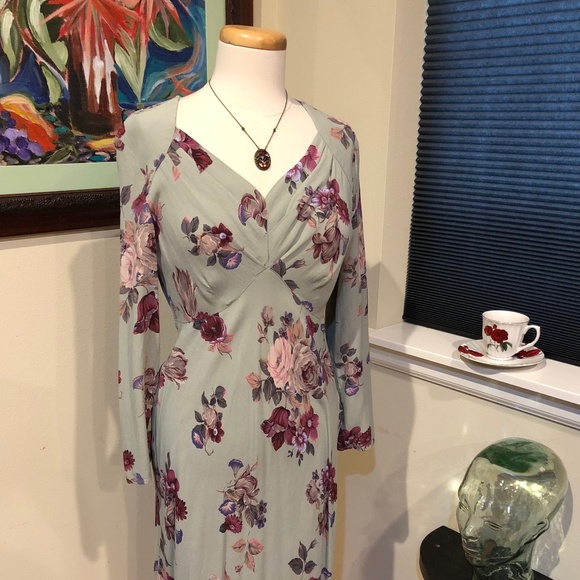 1990's Carole Little Rayon Floral 30's Inspired Pale Green Soft Bias Dress - M - Picture 3 of 12
